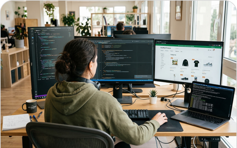 Professionnelle de dos face à plusieurs écrans affichant du code et des interfaces