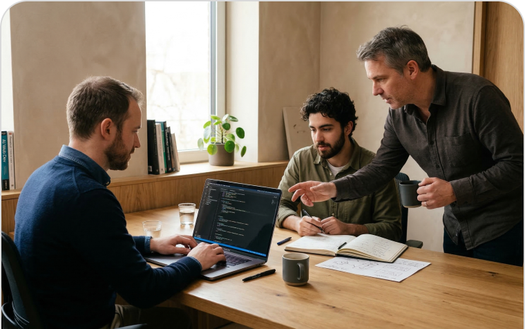 Trois collaborateurs autour d'un ordinateur portable en bureau lumineux