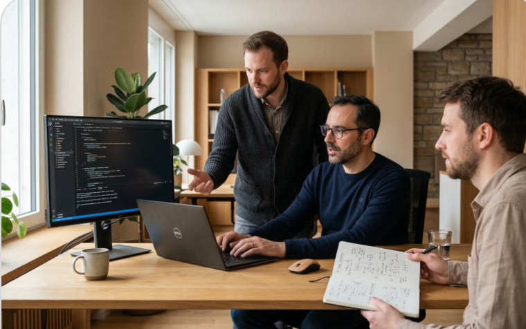 Trois collaborateurs autour d'un portable, l'un désigne l'écran