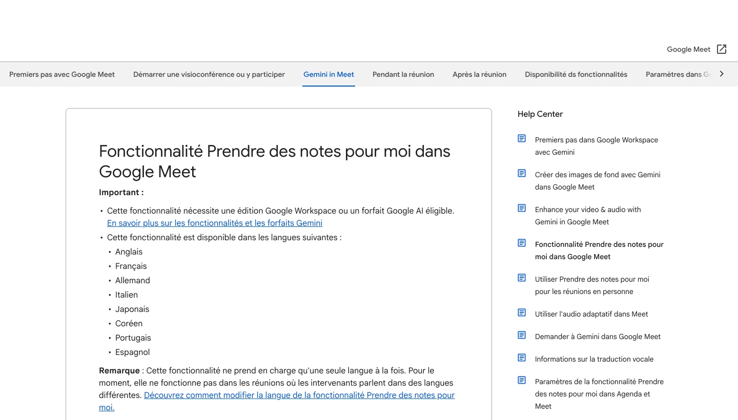 Page d’aide de Google décrivant la fonction Prendre des notes pour moi dans Google Meet.