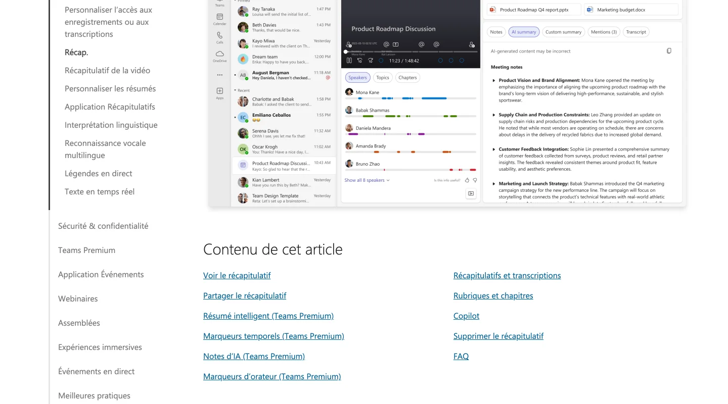 Page d’assistance Microsoft montrant le récapitulatif d’une réunion Teams, avec transcription, fichiers partagés et tâches de suivi.