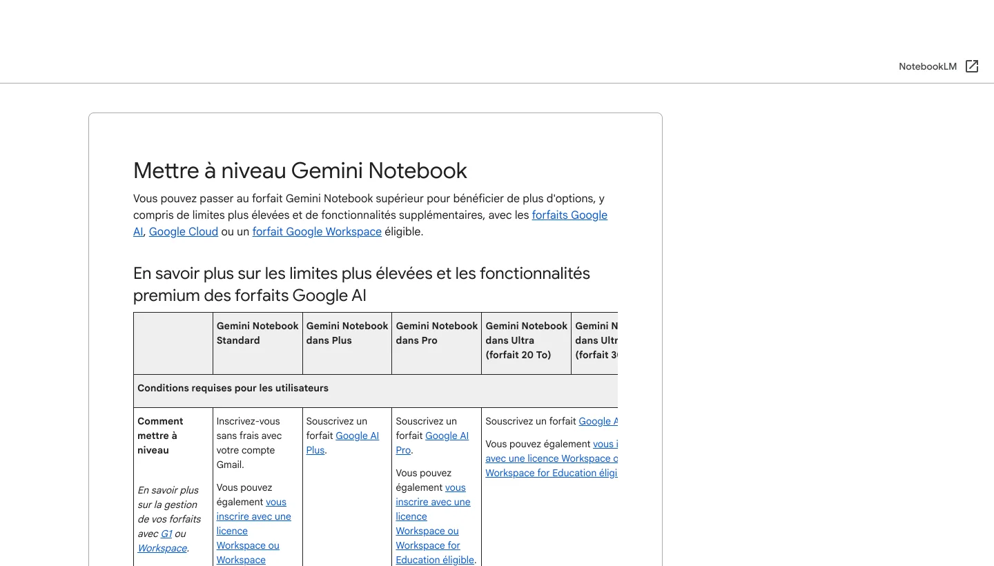 Page d’aide de Google détaillant les limites d’utilisation de Gemini Notebook selon l’offre souscrite.