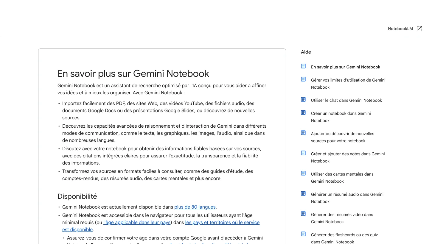 Page d’aide de Google présentant Gemini Notebook, les formats acceptés et les citations intégrées.