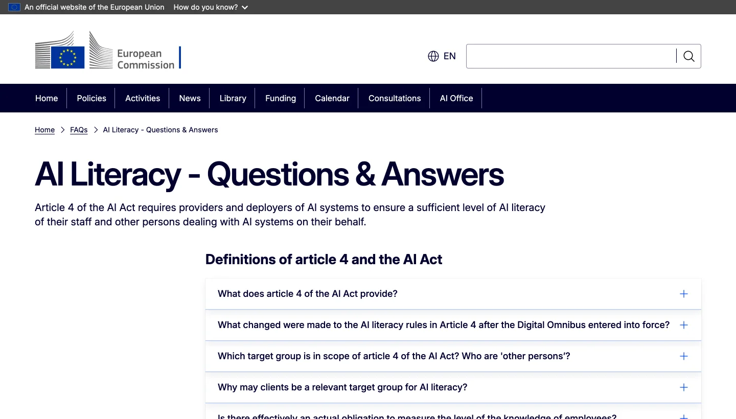 Page de questions et réponses de la Commission européenne consacrée à la maîtrise de l’IA.