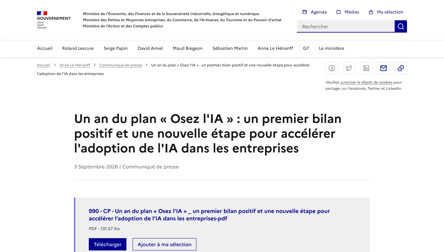 Communiqué de presse du ministère de l’Économie du 3 septembre 2026 dressant le bilan d’un an du plan Osez l’IA.