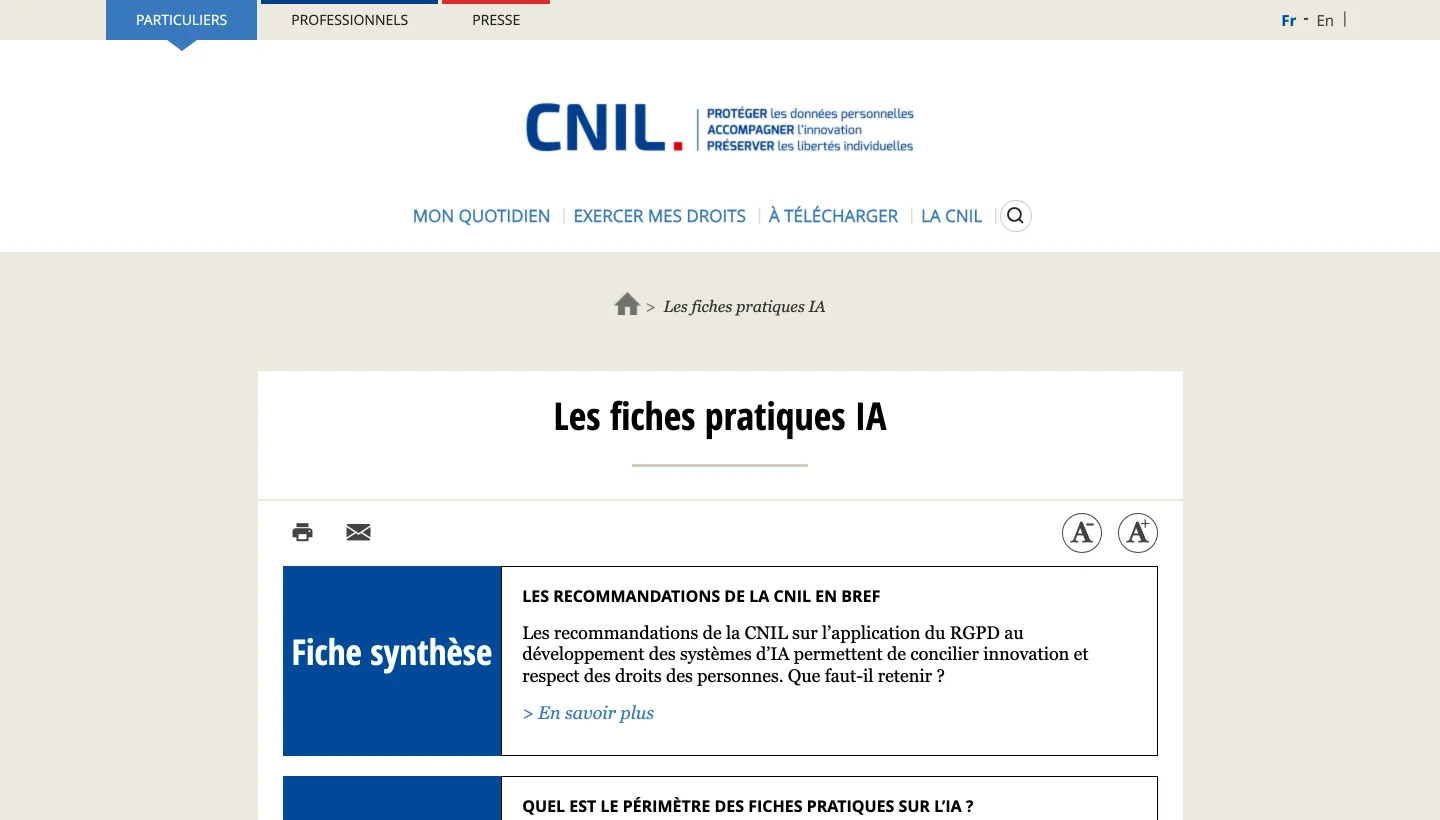 Page des fiches pratiques sur l’intelligence artificielle publiées par la CNIL.
