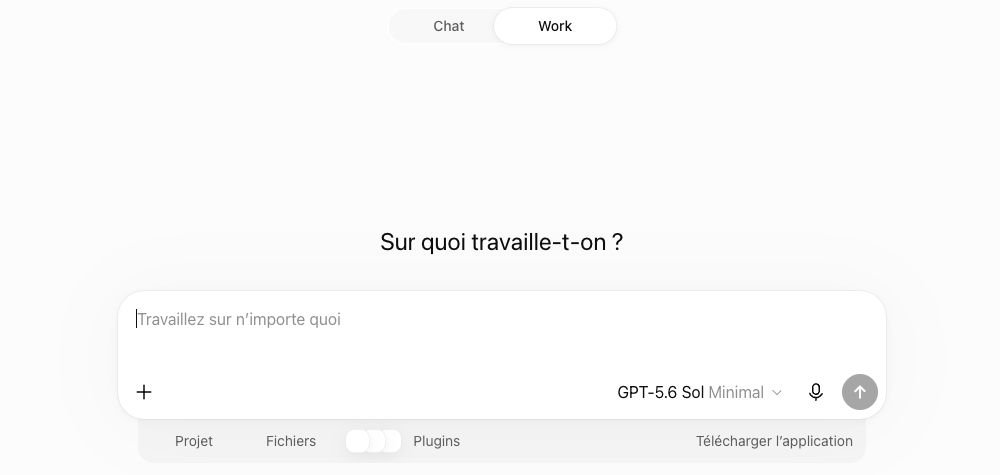 Interface de ChatGPT Work en français : champ de demande, projets, fichiers et plugins.