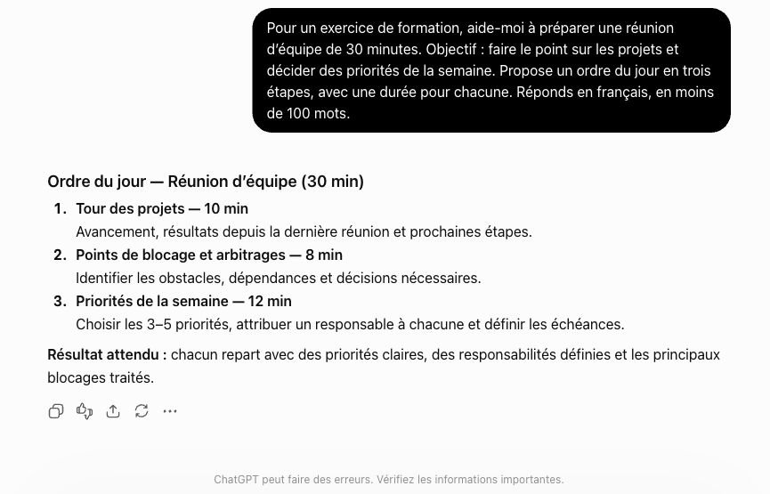 Conversation réelle en français dans ChatGPT : une demande pour préparer une réunion et un ordre du jour en trois étapes.