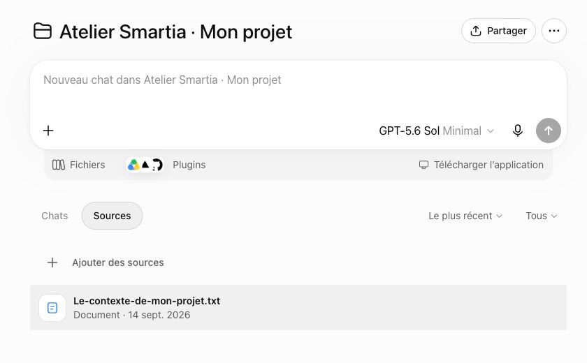 Le projet pédagogique Atelier Smartia dans la véritable interface française de ChatGPT.