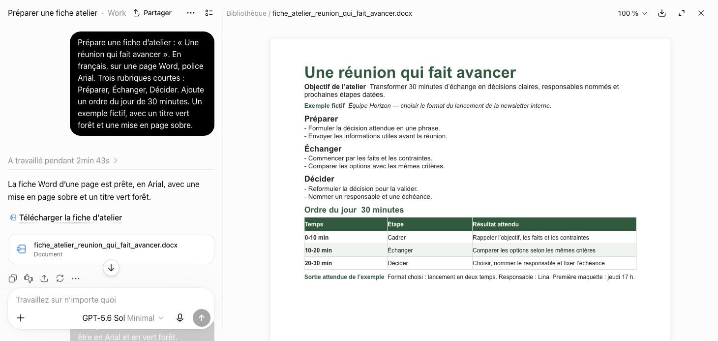 ChatGPT Work en français : une demande de fiche d’atelier et le document créé pour préparer une réunion.