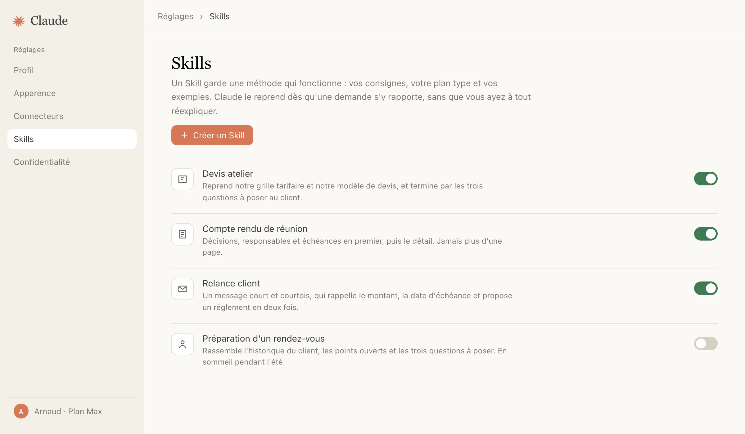 Reconstitution en français des réglages Skills : quatre méthodes enregistrées, activables une par une