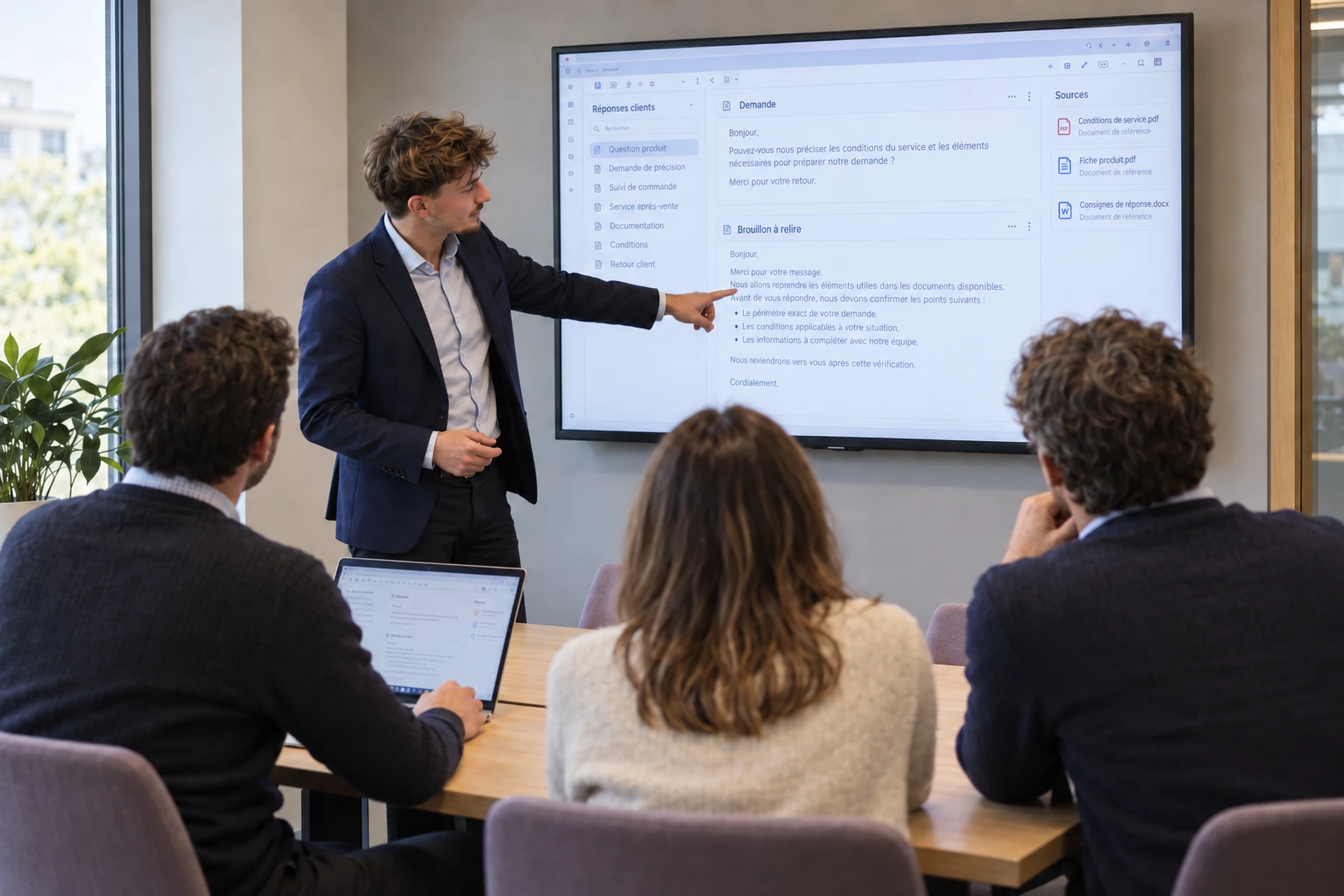 Scène illustrative : Arnaud, de profil, montre une réponse client et ses documents sources sur un écran à trois personnes en formation.