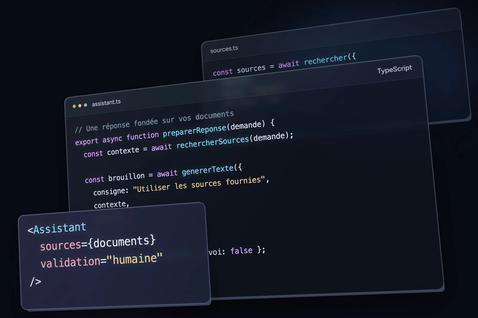 Composition illustrative de fenêtres de code TypeScript pour préparer une réponse à partir de sources, avec une étape de validation humaine.