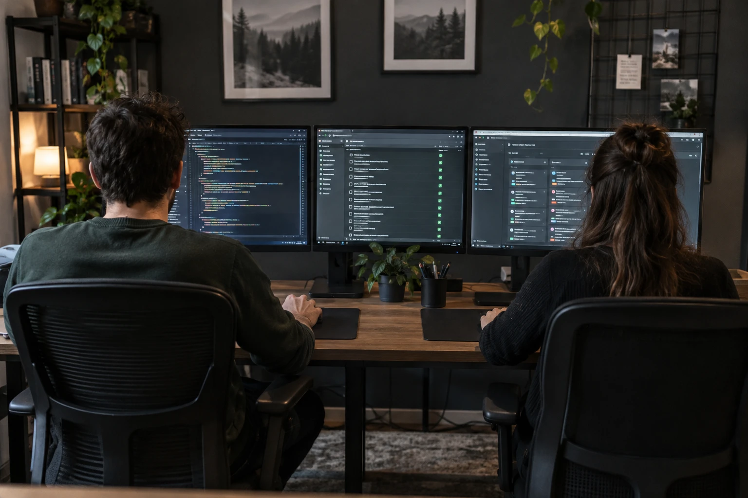 Scène illustrative : deux personnes travaillent devant trois écrans affichant du code, une liste de vérifications et des vues de suivi logiciel.