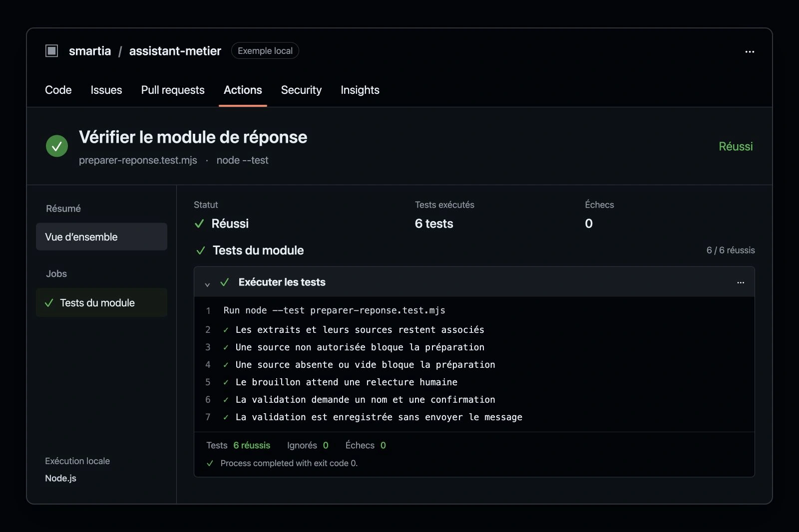 Interface illustrative de tests inspirée de GitHub Actions, sur fond noir, avec six tests du module réussis et leur journal d’exécution.