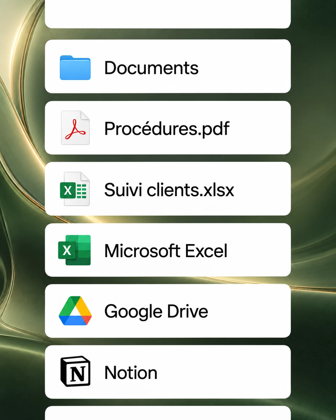 Composition graphique présentant des documents, un fichier de procédures, un suivi clients et les outils Microsoft Excel, Google Drive et Notion sur un fond vert et doré.