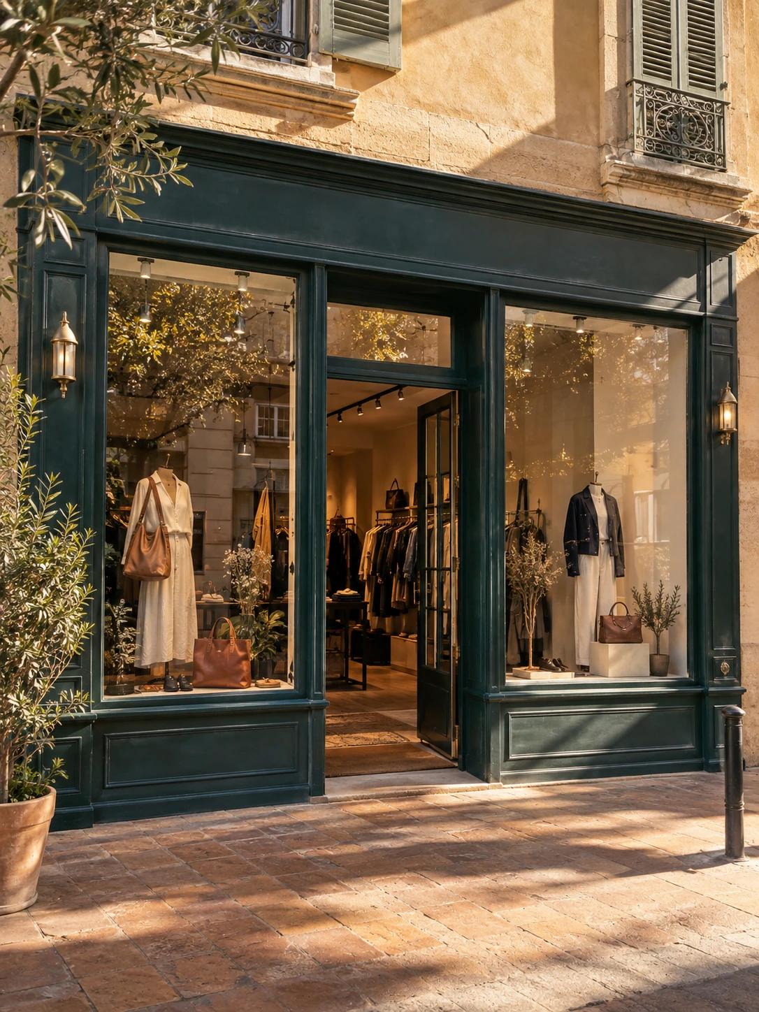 Scène illustrative d’une boutique de vêtements et accessoires : devanture vert canard, vitrines et porte ouverte sur une façade ocre au soleil.