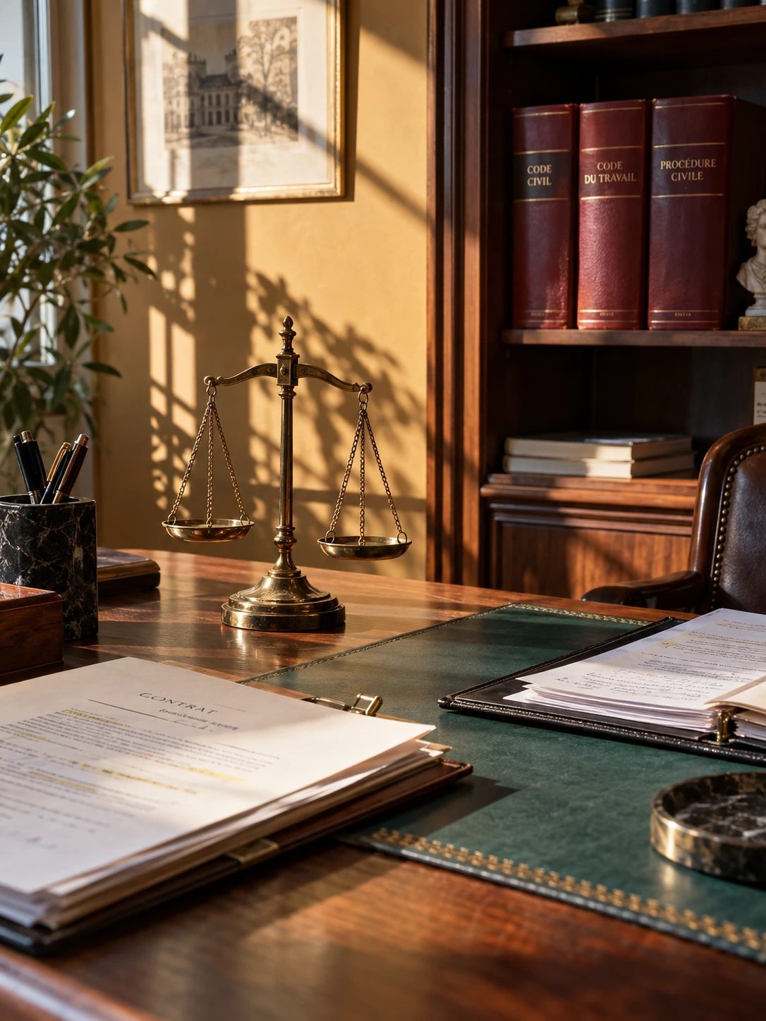 Scène illustrative d’un cabinet juridique : balance en laiton, codes de droit et dossiers sur un bureau en bois, éclairés par le soleil.