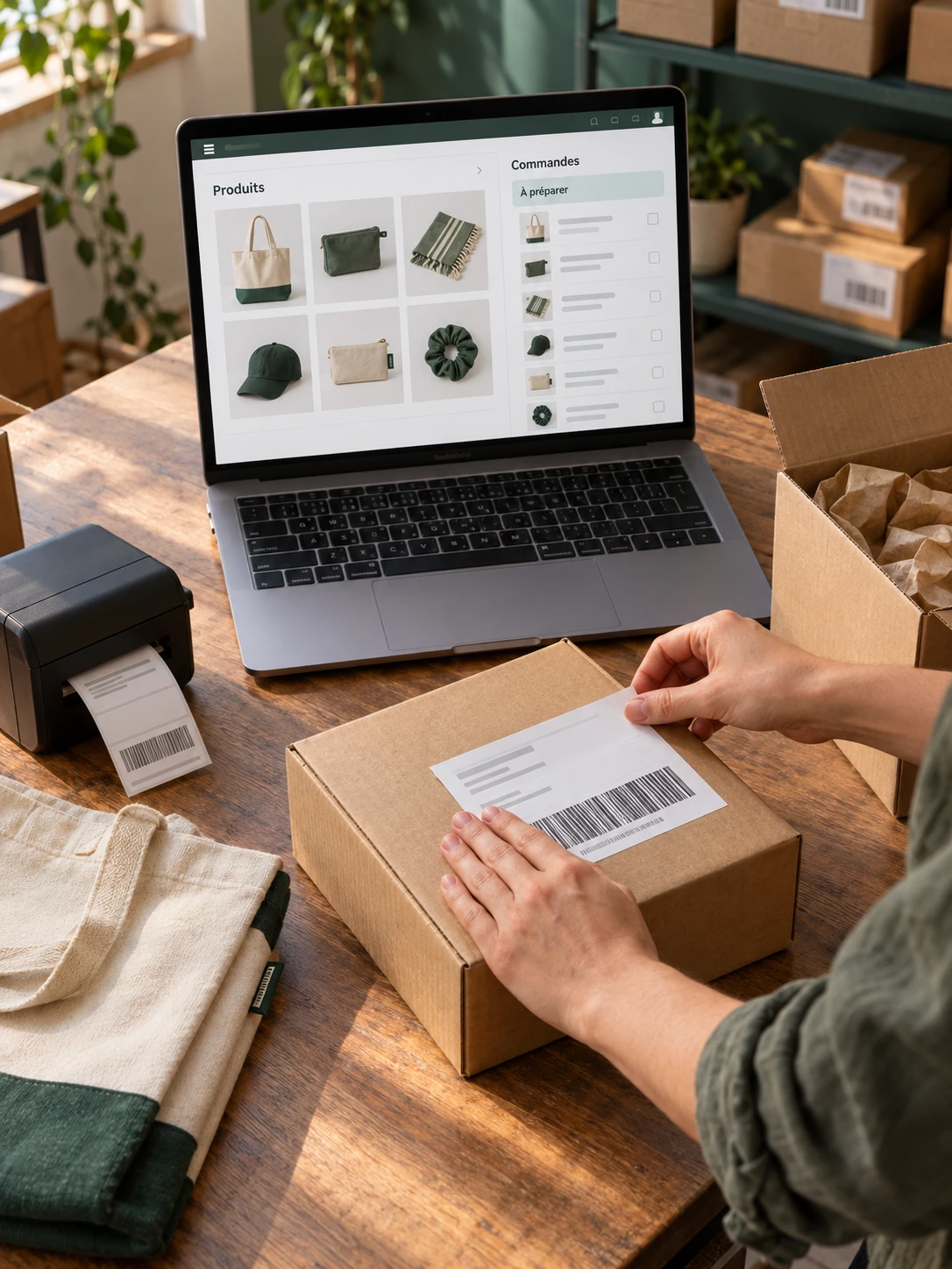 Scène illustrative de commerce en ligne : catalogue de produits et commandes sur un ordinateur, mains posant une étiquette sur un colis, cartons prêts à expédier.