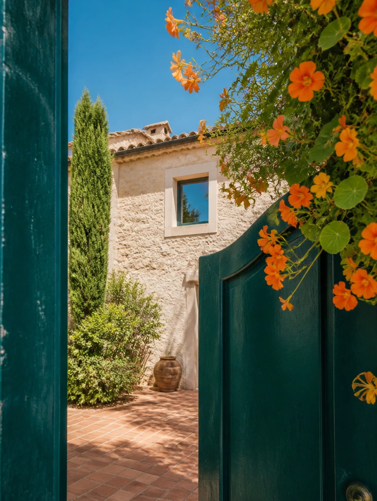 Une porte vert canard ouverte sur une maison de pierre et un bougainvillier en fleurs, sous le soleil de la Côte d’Azur.