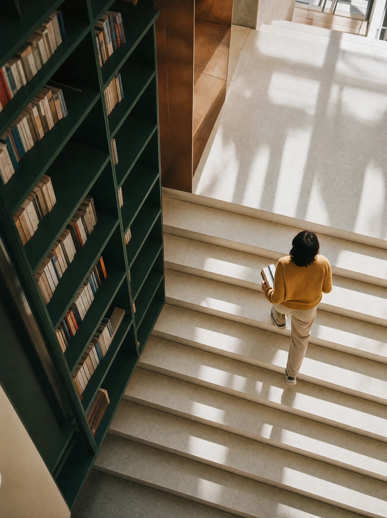 Vue plongeante sur un grand escalier baigné de lumière, le long d’une bibliothèque, qu’une personne en haut jaune emprunte.